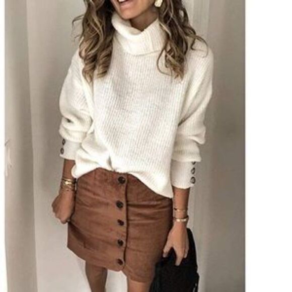 New Turtle Cowl Oversized Button Sleeves Sweater - Picture 2 of 8